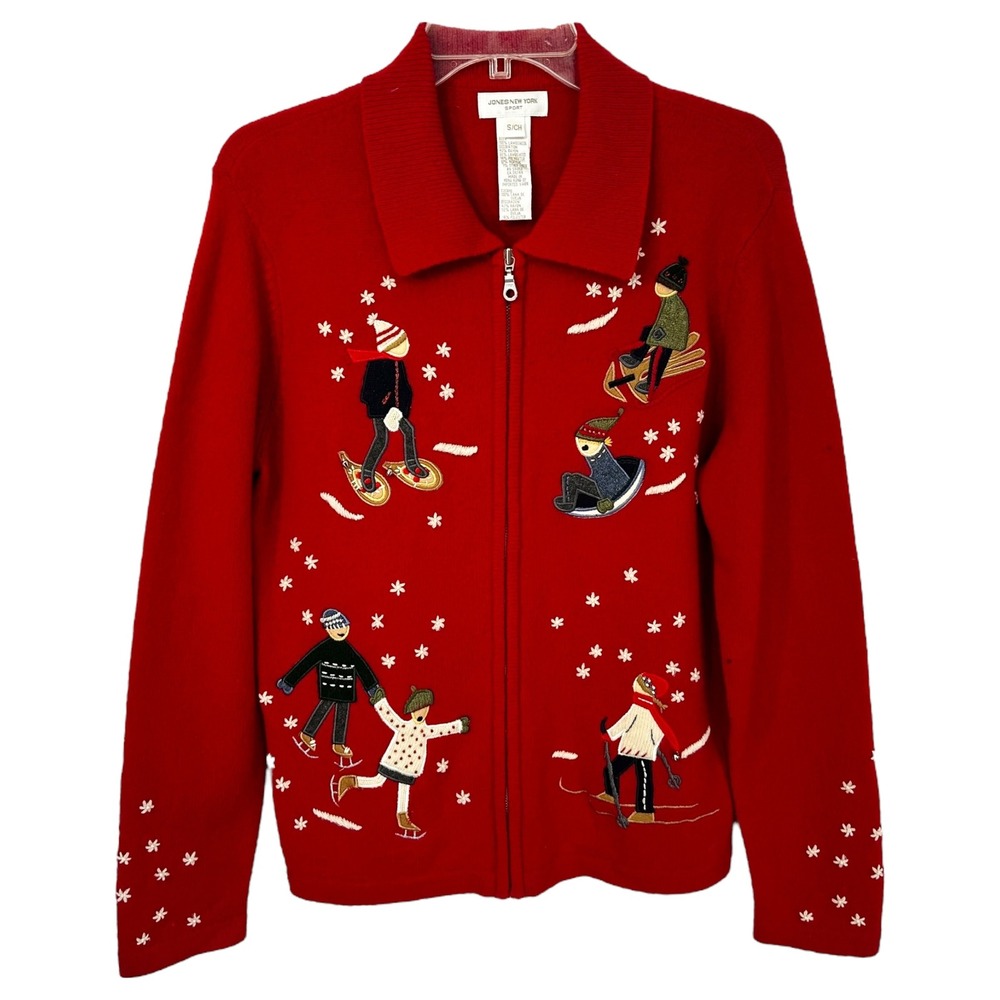 Jones NY‎ Small Chrismtas Sweater Wool Cardigan Novelty Holiday Ugly Red 1705